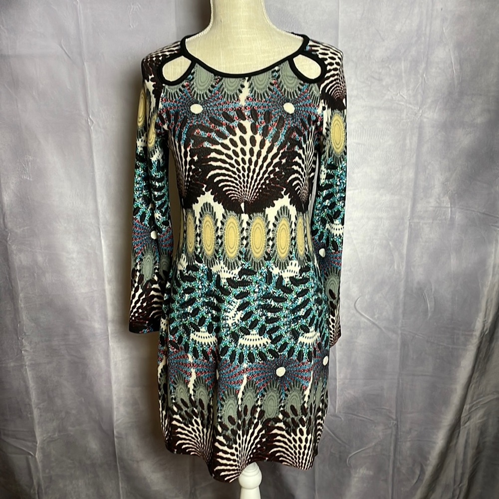 - ARYEH Fun Print Dress.  Long sleeved Bohemian style knit.  Sized L